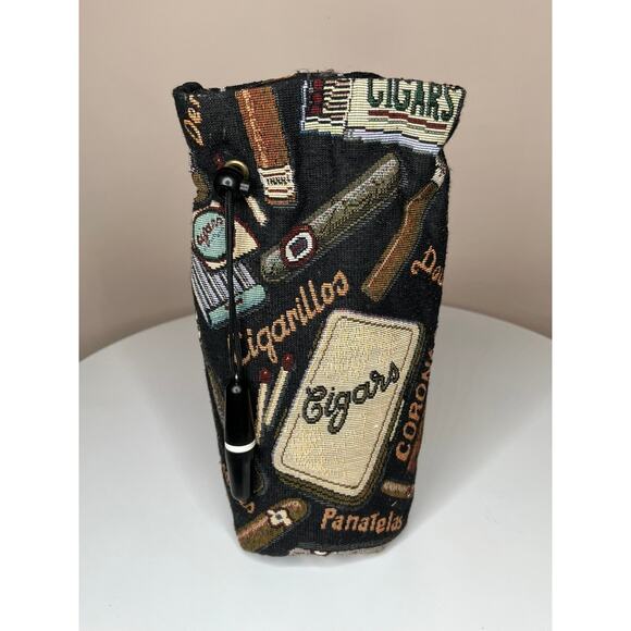 VINTAGE Cigar Tapestry Print Wine Drawstring Tote Coozie CORKSCREW ATTACHED - Picture 2 of 6